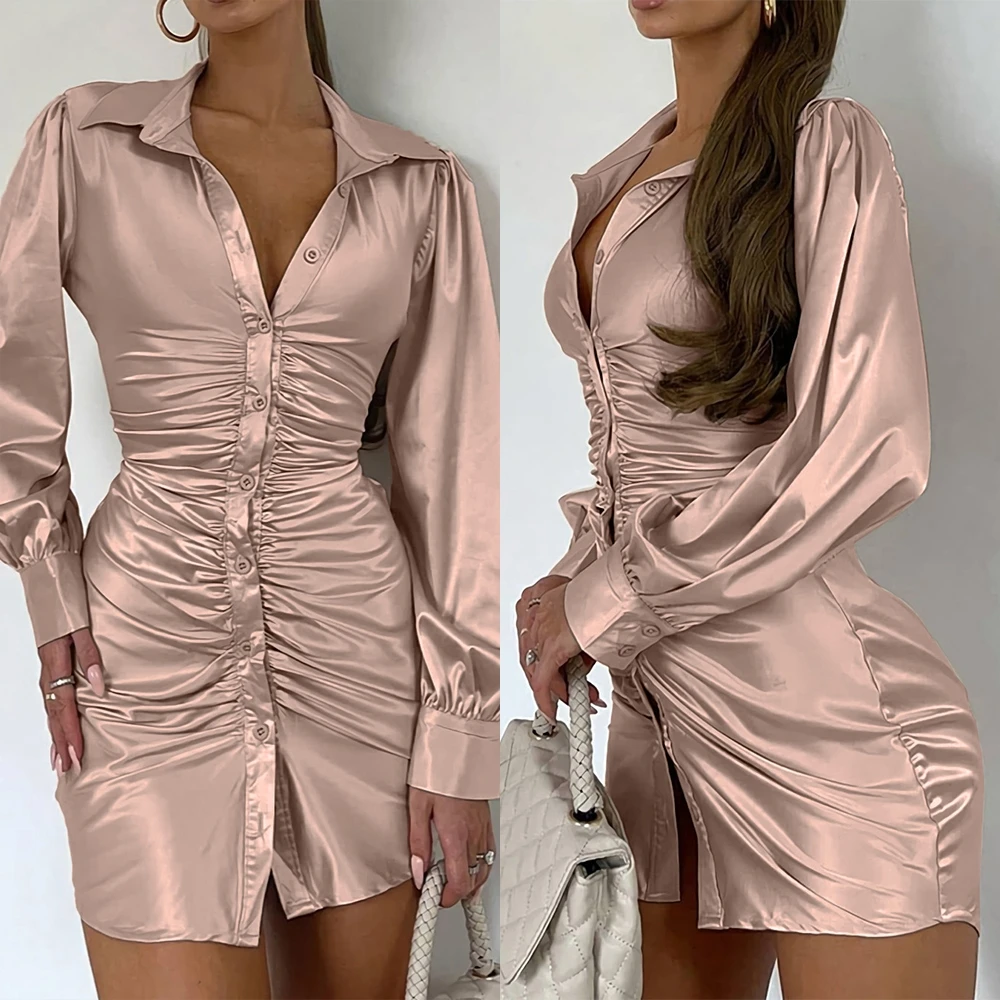 Autumn New Two Colors Slight Stretch Satin Single-breasted Backless Lace-up Stylish Sexy Shirt Mini Dress Wholesale Cut Out Dresses 6 Autumn New Two Colors Slight Stretch Satin Single-breasted Backless Lace-up Stylish Sexy Shirt Mini Dress Wholesale Cut Out Dresses - Image 6