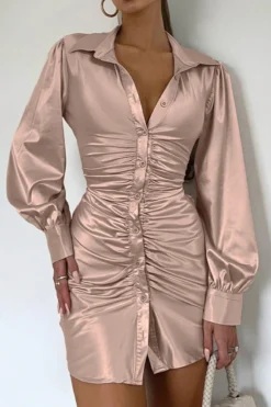 Autumn New Two Colors Slight Stretch Satin Single-breasted Backless Lace-up Stylish Sexy Shirt Mini Dress Wholesale Cut Out Dresses