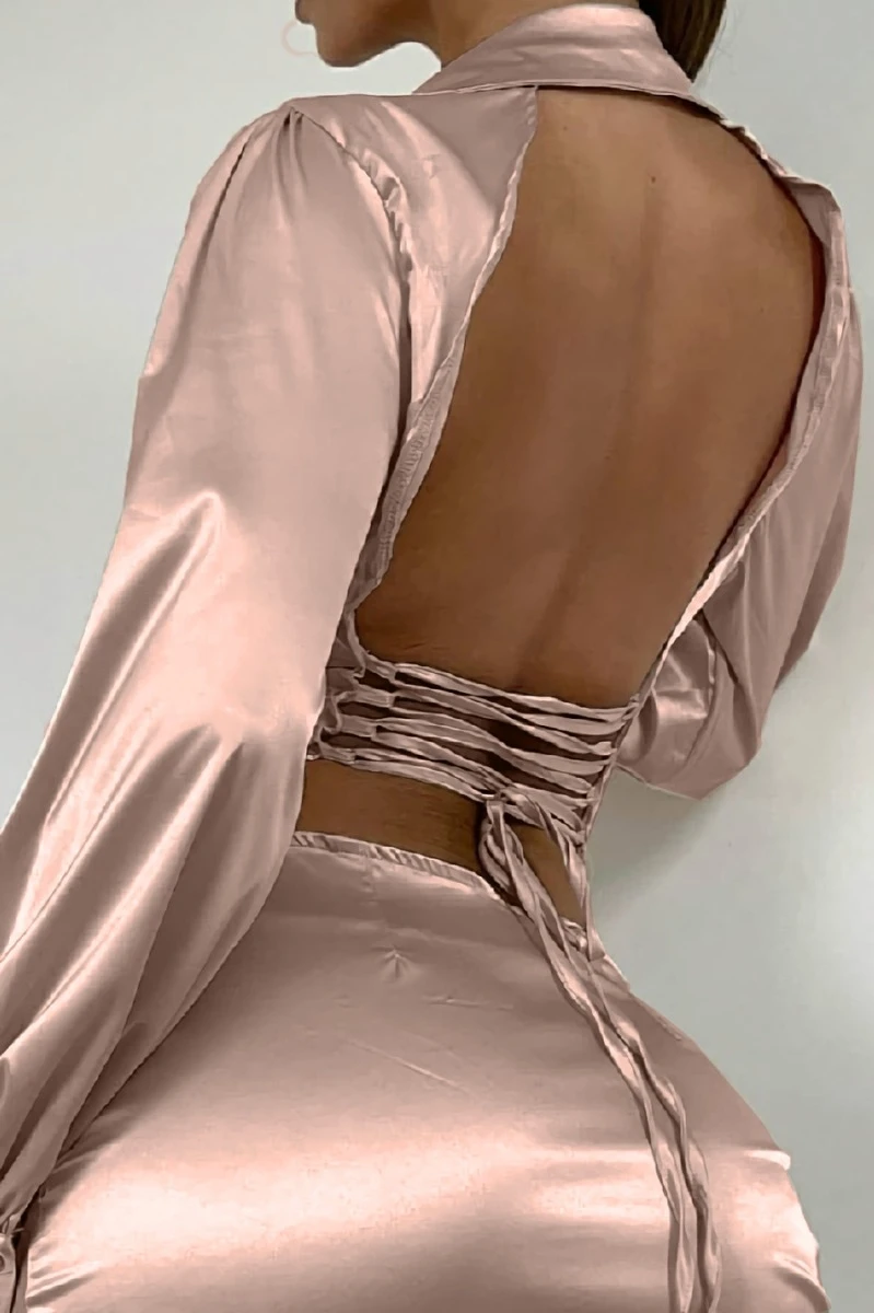 Autumn New Two Colors Slight Stretch Satin Single-breasted Backless Lace-up Stylish Sexy Shirt Mini Dress Wholesale Cut Out Dresses 5 Autumn New Two Colors Slight Stretch Satin Single-breasted Backless Lace-up Stylish Sexy Shirt Mini Dress Wholesale Cut Out Dresses - Image 5