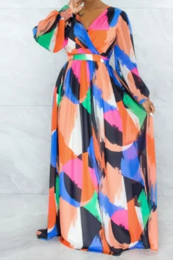 Autumn New Plus Size Multicolor Batch Printing Stretch V-neck Backless Lace-up Stylish Maxi Dress Wholesale
