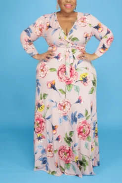 XL-5XL Autumn New All-over Floral Batch Printing Stretch V-neck Stylish Casual Maxi Dress With Belt 4# Wholesale Plus-Size Dresses