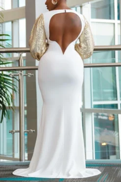 Autumn New Sequin Decor Stretch Backless Elegant Fishtail Maxi Dress Wholesale Cut Out Dresses