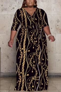 XL-5XL Autumn New Chain Printing Stretch V-neck Three-quarter-sleeve Loose Stylish Maxi Dress With Belt Wholesale Plus-Size Dresses
