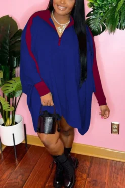 Autumn New Simple Plus Size Zip-up Stretch Contrast Color Loose Casual Midi Dress Wholesale Casual Dresses