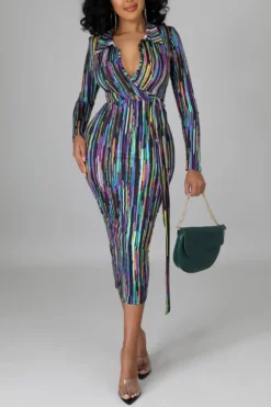 Autumn New Plus Size Stretch Slit Multicolor Batch Printing Casual Midi Dress Wholesale Casual Dresses