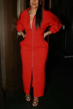 Autumn New Plus Size Solid Color Micro-elastic Turndown Collar Zip-up Casual Stylish Maxi Dress Wholesale