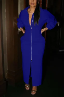 Autumn New Plus Size Solid Color Micro-elastic Turndown Collar Zip-up Casual Stylish Maxi Dress Wholesale -Plus-Size Dresses Sales Store AA001974 4