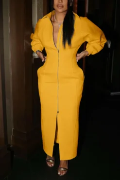 Autumn New Plus Size Solid Color Micro-elastic Turndown Collar Zip-up Casual Stylish Maxi Dress Wholesale -Plus-Size Dresses Sales Store AA001974 6