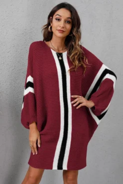 Winter Four Colors Knitted Stretch Batwing-sleeve Casual Stylish Sweater Dress Wholesale Plus-Size Dresses