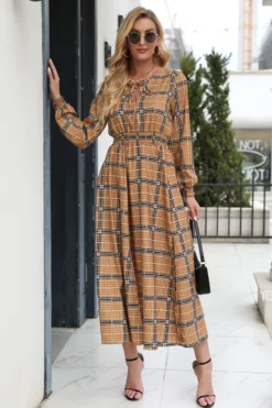 Autumn New Plus Size Lattice Printing Micro-elastic Lace-up High Slit Stylish Casual Midi Dress Wholesale Midi Dresses