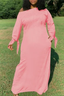 Spring New Stylish Stretch Simple Pure Color Loose Pocket Plus Size Casual Maxi Dress Wholesale Plus-Size Dresses