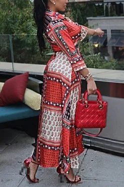 Spring New Stylish Batch Printing Single Breasted Micro Elastic Plus Size Casual Maxi Dress(with Belt) Wholesale -Plus-Size Dresses Sales Store AA003393 3