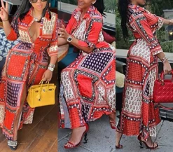 Spring New Stylish Batch Printing Single Breasted Micro Elastic Plus Size Casual Maxi Dress(with Belt) Wholesale -Plus-Size Dresses Sales Store AA003393 4