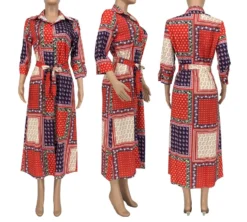 Spring New Stylish Batch Printing Single Breasted Micro Elastic Plus Size Casual Maxi Dress(with Belt) Wholesale -Plus-Size Dresses Sales Store AA003393 5