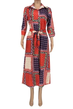 Spring New Stylish Batch Printing Single Breasted Micro Elastic Plus Size Casual Maxi Dress(with Belt) Wholesale -Plus-Size Dresses Sales Store AA003393 6