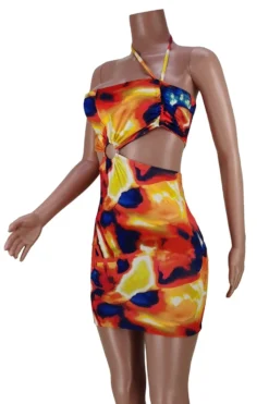 Summer New Stylish Tie Dye Batch Printing Stretch Slim Hollow Halter Neck Backless Sexy Mini Dress Wholesale Sexy Dresses -Plus-Size Dresses Sales Store AA004333 6