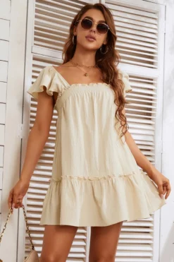 XS-L Summer New Stylish Simple Solid Color Inelastic Loose Pleated Lace-up Casual Mini Dress Wholesale