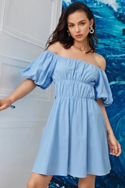 XS-L Summer New Stylish Simple Solid Color Inelastic Off-shoulder Puff Sleeve Casual Mini Dress Wholesale