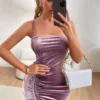 Summer New Stylish Solid Color Stretch Velvet Drawstring Sling Backless Slim Sexy Mini Dress Wholesale Tank & Cami Dresses