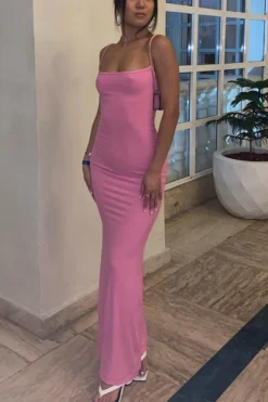 XS-L Summer New Stylish Stretch Slim Solid Color Sling Backless Sexy Maxi Fishtail Dress(AA005138) Wholesale -Plus-Size Dresses Sales Store AA005030 4