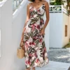 S-2XL Plus Size Summer New Stylish Inelastic Flower & Leaf Batch Printing Sling Backless Casual Midi Dress Wholesale