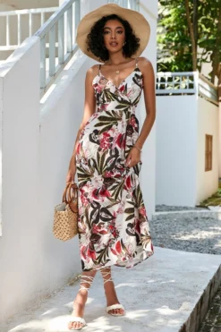 S-2XL Plus Size Summer New Stylish Inelastic Flower & Leaf Batch Printing Sling Backless Casual Midi Dress Wholesale