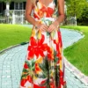 S-2XL Summer New Plus Size Flower & Coconut Tree Batch Printing Stretch Backless Crossed Sling Stylish Tropical Vacation Style Maxi Dress Wholesale Casual Dresses