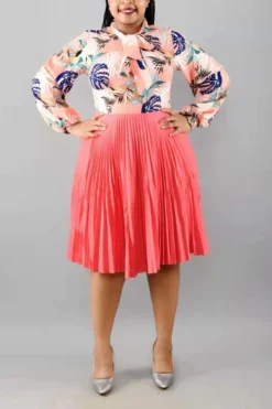 M-3XL Spring Plus Size Two Colors Leaf Batch Printing Patchwork Tatting Micro-elastic Neck Tied Pleated Casual Midi Dress Wholesale