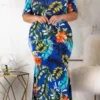 L-4XL Plus Size Summer New Stylish Stretch Flower & Leaf Printing Off-the-shoulder Casual Maxi Dress Wholesale Plus-Size Dresses