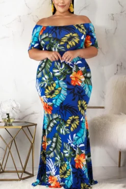 L-4XL Plus Size Summer New Stylish Stretch Flower & Leaf Printing Off-the-shoulder Casual Maxi Dress Wholesale Plus-Size Dresses