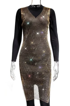 XS-L Summer New Fish Net Micro-elastic V-neck Hollow Out Rhinestone Slit Sexy Midi Dress Wholesale