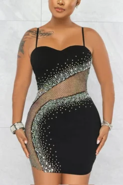 S-3XL Plus Size Summer New Stylish Two Colors Rhinestone See-through Mesh Stitching Stretch Slim Adjustable Sling Sexy Mini Dress Wholesale -Plus-Size Dresses Sales Store AA006286 2