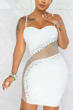 S-3XL Plus Size Summer New Stylish Two Colors Rhinestone See-through Mesh Stitching Stretch Slim Adjustable Sling Sexy Mini Dress Wholesale -Plus-Size Dresses Sales Store AA006286 4