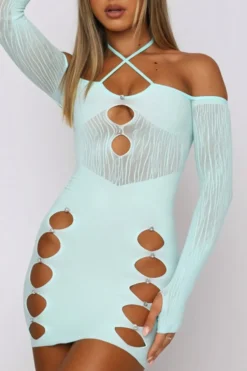 Spring New 5 Colors Stretch See Through Mesh Spliced Rhinestone Hollow Halter-neck Lace-up Thumb Hole Long Sleeves Bodycon Sexy Mini Dress Wholesale -Plus-Size Dresses Sales Store AA006604 10