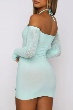 Spring New 5 Colors Stretch See Through Mesh Spliced Rhinestone Hollow Halter-neck Lace-up Thumb Hole Long Sleeves Bodycon Sexy Mini Dress Wholesale -Plus-Size Dresses Sales Store AA006604 11