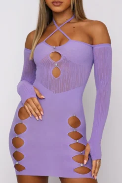 Spring New 5 Colors Stretch See Through Mesh Spliced Rhinestone Hollow Halter-neck Lace-up Thumb Hole Long Sleeves Bodycon Sexy Mini Dress Wholesale -Plus-Size Dresses Sales Store AA006604 13