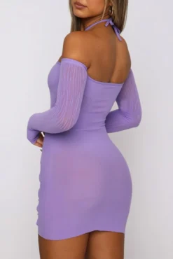 Spring New 5 Colors Stretch See Through Mesh Spliced Rhinestone Hollow Halter-neck Lace-up Thumb Hole Long Sleeves Bodycon Sexy Mini Dress Wholesale -Plus-Size Dresses Sales Store AA006604 15