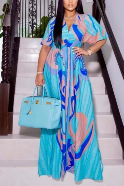 S-2XL Summer New Plus Size Two Color Fixed Printing Inelastic V-neck Elbow Sleeves Floor Length Stylish Casual Maxi Dress Wholesale Casual Dresses