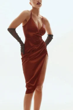 Summer New 6 Colors Satin Solid Color Stretch Double Layer Deep-v-neck Shirring High Slit High Quality Stylish Sexy Spaghetti String Midi Dress Wholesale Tank & Cami Dresses -Plus-Size Dresses Sales Store AA006969 1706843988860 11