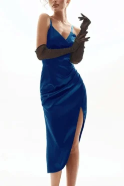 Summer New 6 Colors Satin Solid Color Stretch Double Layer Deep-v-neck Shirring High Slit High Quality Stylish Sexy Spaghetti String Midi Dress Wholesale Tank & Cami Dresses -Plus-Size Dresses Sales Store AA006969 1706843988860 6