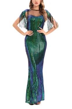 Summer New Two Colors See Through Mesh Patchwork Micro-elastic Sequin Decor Stretch Tassel Elegant High Quality Maxi Dress Wholesale Tank & Cami Dresses