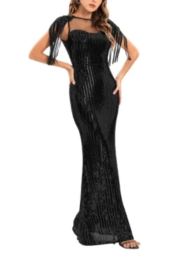 Summer New Two Colors See Through Mesh Patchwork Micro-elastic Sequin Decor Stretch Tassel Elegant High Quality Maxi Dress Wholesale Tank & Cami Dresses -Plus-Size Dresses Sales Store AA006982 10