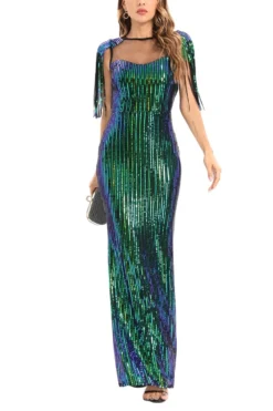 Summer New Two Colors See Through Mesh Patchwork Micro-elastic Sequin Decor Stretch Tassel Elegant High Quality Maxi Dress Wholesale Tank & Cami Dresses -Plus-Size Dresses Sales Store AA006982 3