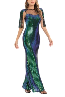 Summer New Two Colors See Through Mesh Patchwork Micro-elastic Sequin Decor Stretch Tassel Elegant High Quality Maxi Dress Wholesale Tank & Cami Dresses -Plus-Size Dresses Sales Store AA006982 4