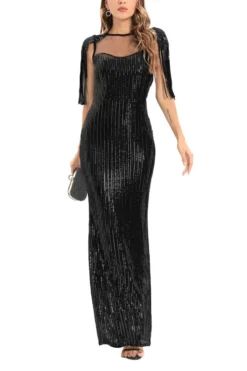 Summer New Two Colors See Through Mesh Patchwork Micro-elastic Sequin Decor Stretch Tassel Elegant High Quality Maxi Dress Wholesale Tank & Cami Dresses -Plus-Size Dresses Sales Store AA006982 8