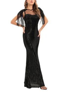 Summer New Two Colors See Through Mesh Patchwork Micro-elastic Sequin Decor Stretch Tassel Elegant High Quality Maxi Dress Wholesale Tank & Cami Dresses -Plus-Size Dresses Sales Store AA006982 9