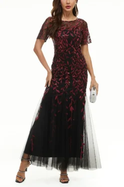 XS-4XL Summer New Plus Size Two Colors Sequin Leaf Shaped Embroidered Mesh Patchwork Lining Design Micro-elastic Zip-up Back Elegant Wedding High Quality Maxi Dress Wholesale