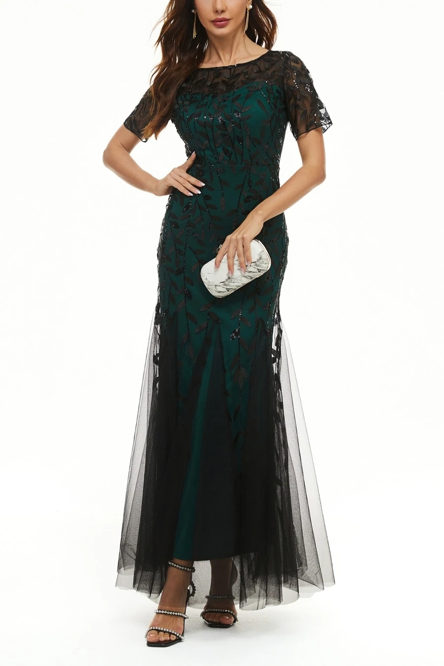 XS-4XL Summer New Plus Size Sequin Leaf Shaped Embroidered Mesh Patchwork Lining Design Micro-elastic Zip-up Back Elegant Wedding High Quality Maxi Dress Wholesale 2 XS-4XL Summer New Plus Size Sequin Leaf Shaped Embroidered Mesh Patchwork Lining Design Micro-elastic Zip-up Back Elegant Wedding High Quality Maxi Dress Wholesale - Image 2