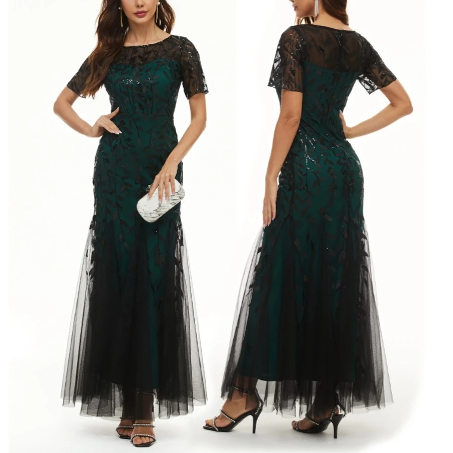 XS-4XL Summer New Plus Size Sequin Leaf Shaped Embroidered Mesh Patchwork Lining Design Micro-elastic Zip-up Back Elegant Wedding High Quality Maxi Dress Wholesale 6 XS-4XL Summer New Plus Size Sequin Leaf Shaped Embroidered Mesh Patchwork Lining Design Micro-elastic Zip-up Back Elegant Wedding High Quality Maxi Dress Wholesale - Image 6