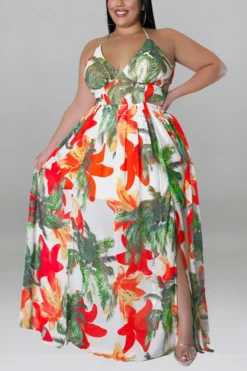 XL-5XL Summer New Plus Size Three Color Flower & Leaf Batch Printing Stretch Halter-neck Tied Split Sexy Maxi Dress Wholesale Tank & Cami Dresses